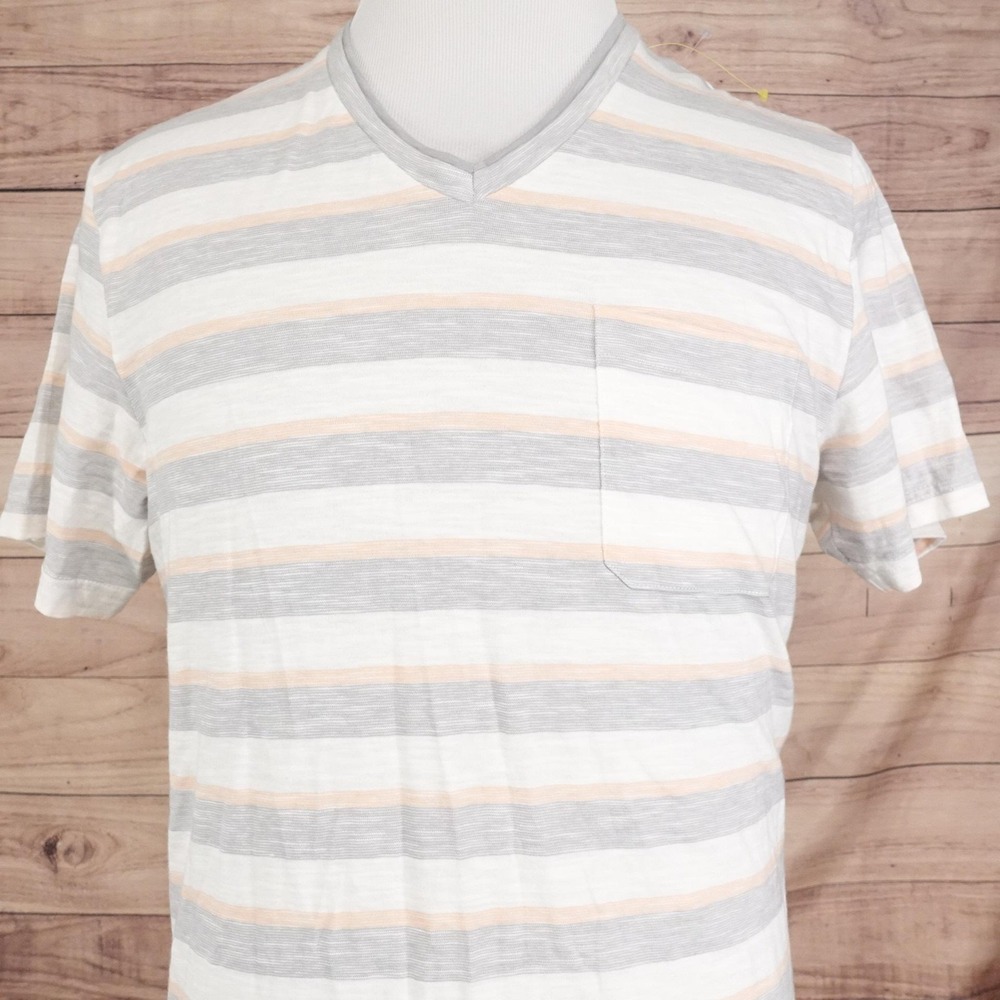 New! Alfani Shirt Mens Large White‎ Gray Peach Stripe Slim Fit V Neck Pocket